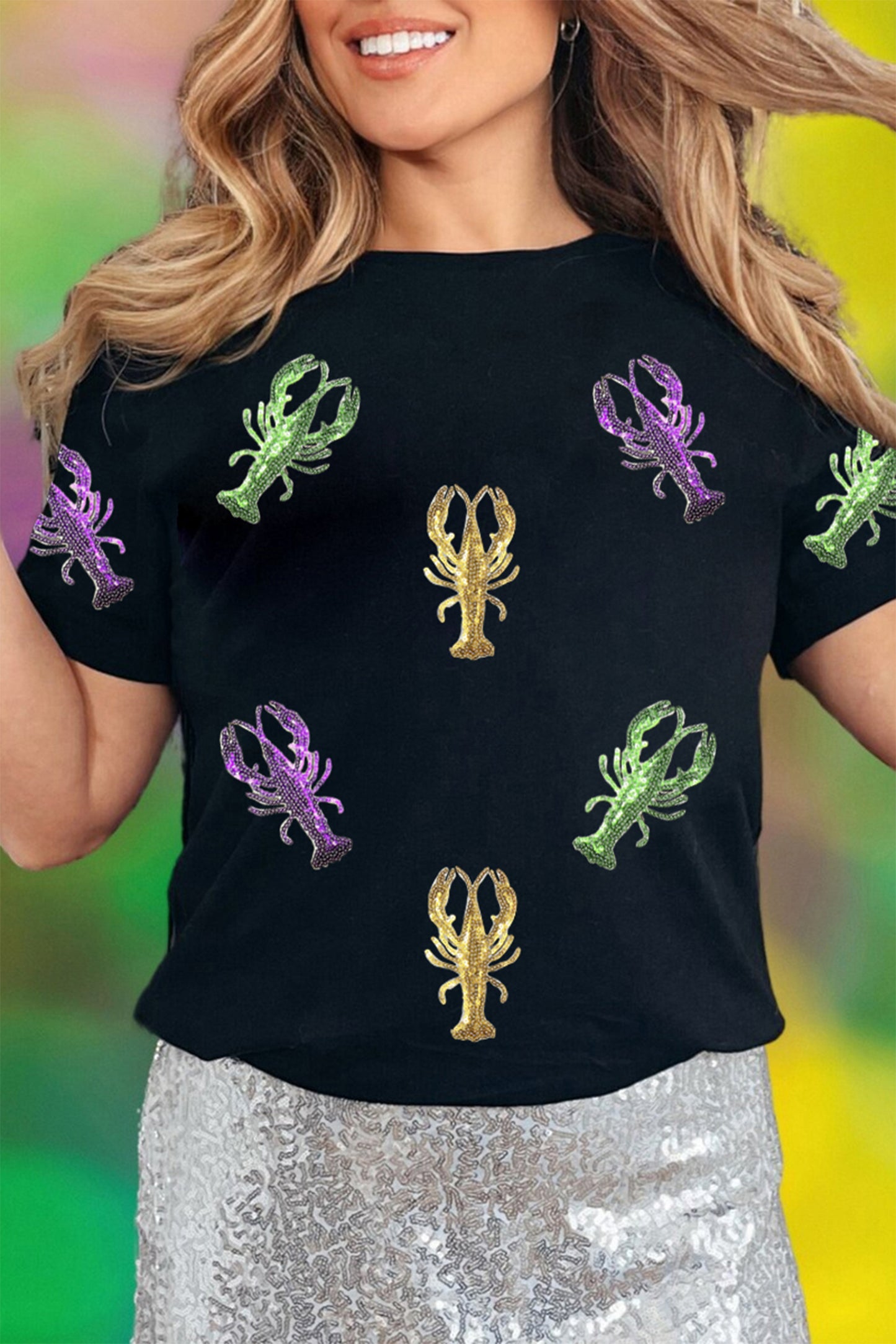 Black Lobster Patched Pattern Festive T Shirt