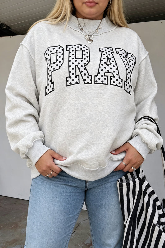 Gray PRAY Polka Dot Letter Print Mock Neck Plus Size Sweatshirt