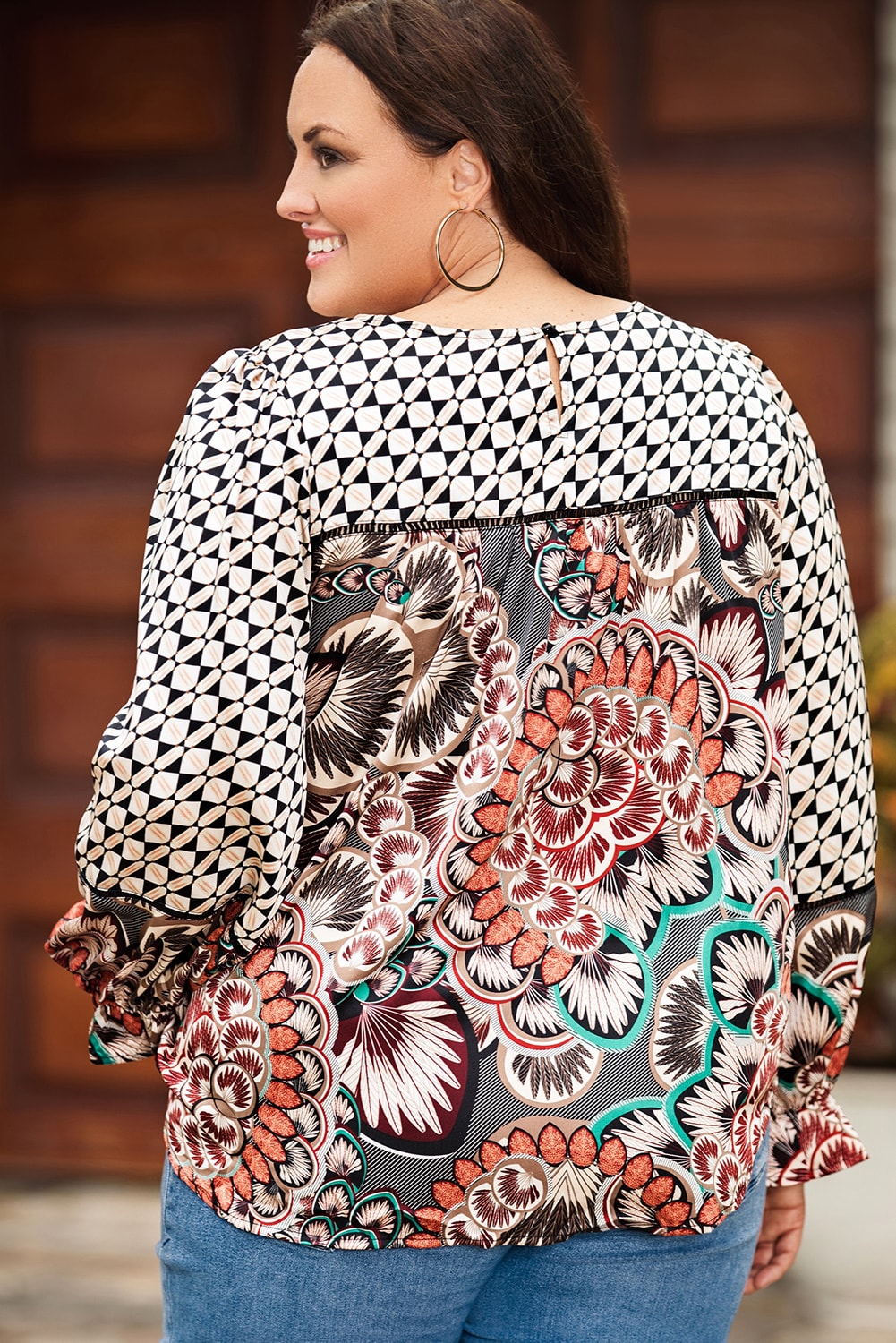 Black Mixed Floral Geometric Print Ruffled Long Sleeve Blouse