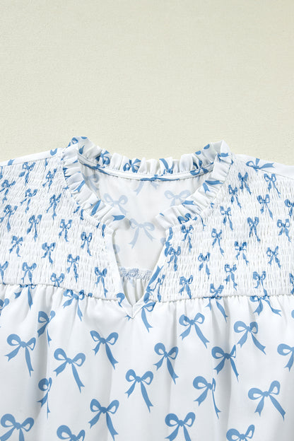 Sky Blue Ruffled Short Sleeve Plus Size Bow Top