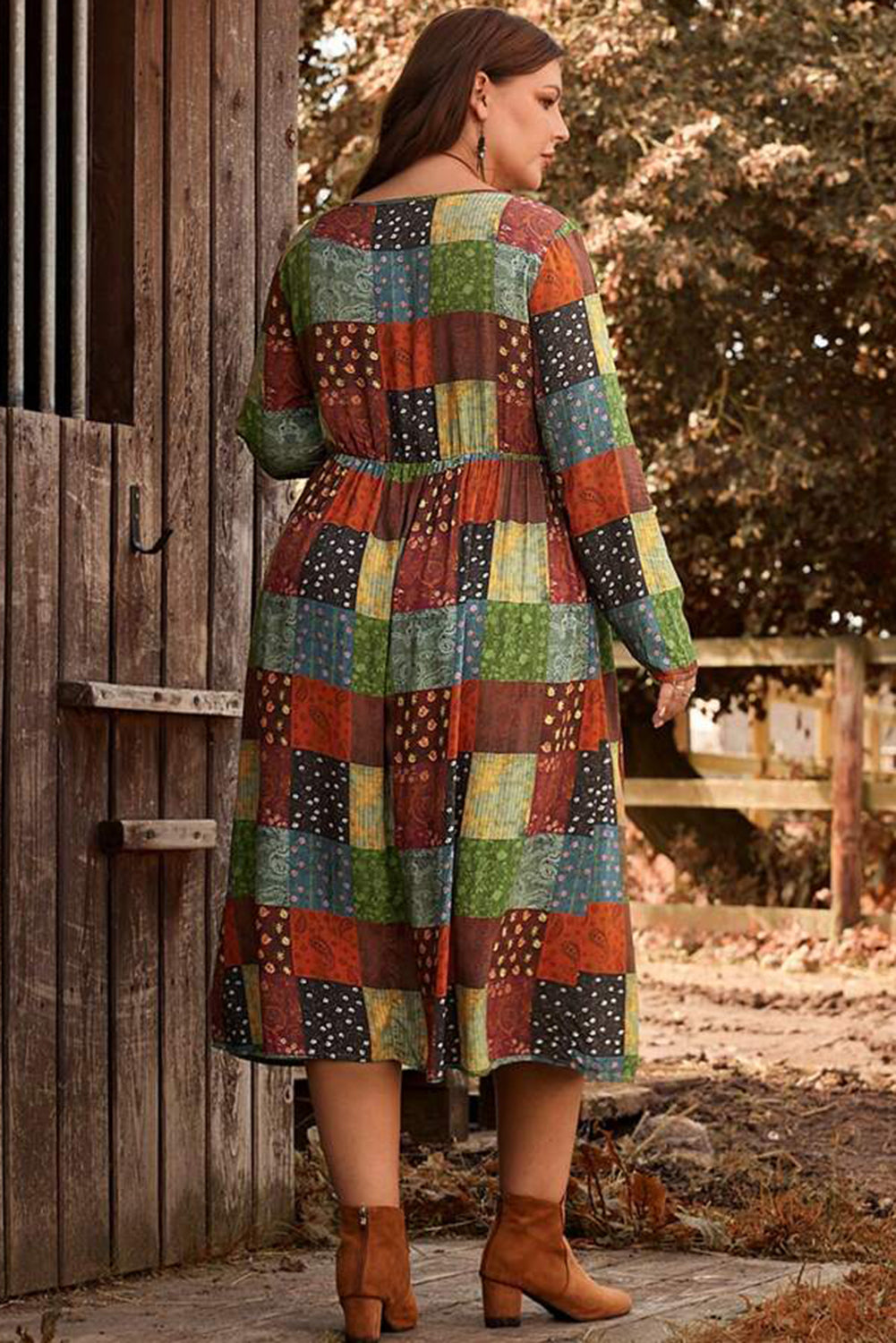 Robe trapèze grande taille à carreaux multicolores imprimés verts 