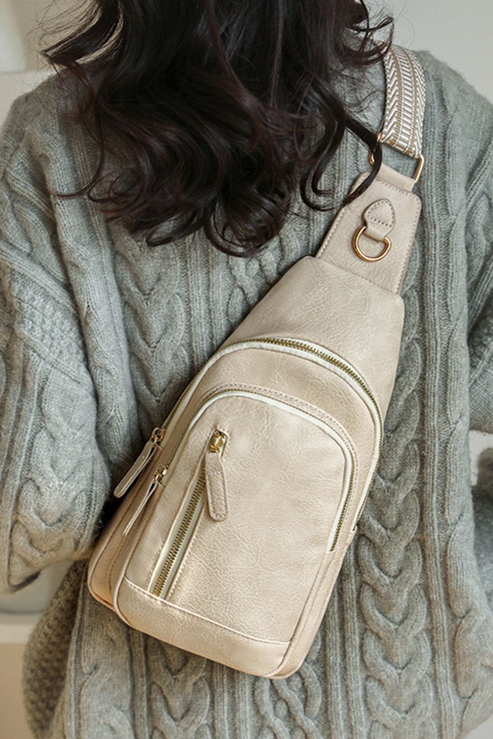 Sac bandoulière zippé en cuir PU beige vintage