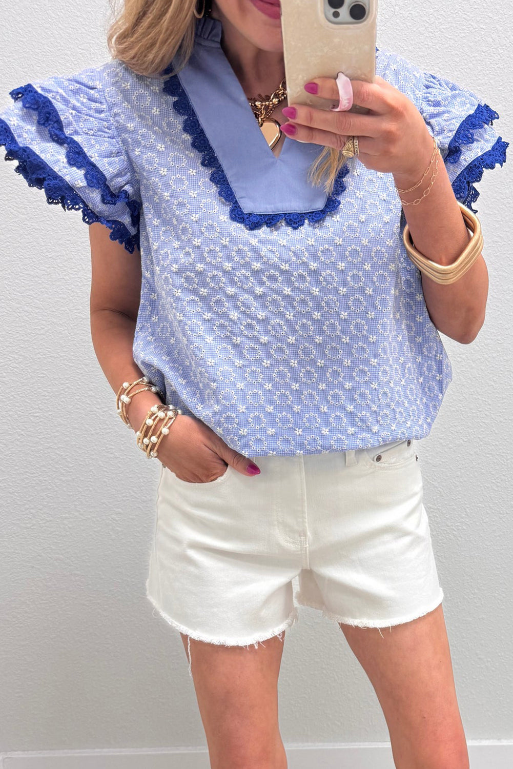 Pink Eyelet Embroidered Flower Texture Contrast Lace Trim Flutter Sleeve Blouse