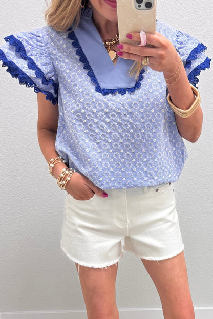 Pink Eyelet Embroidered Flower Texture Contrast Lace Trim Flutter Sleeve Blouse