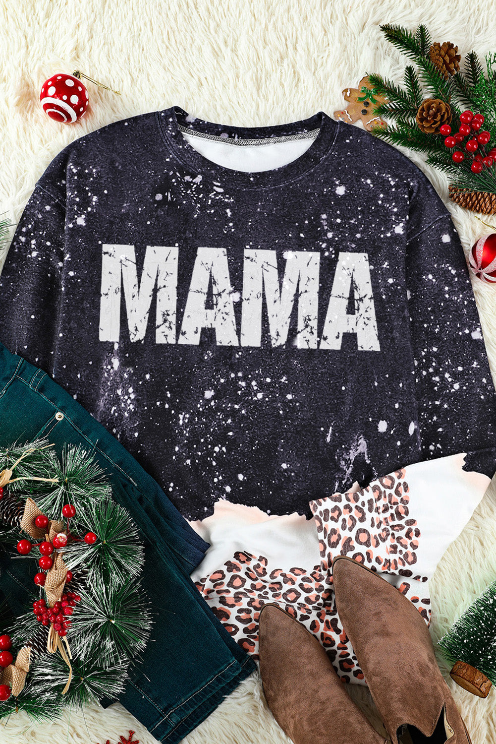 Sudadera blanqueada con estampado de leopardo navideño nevado