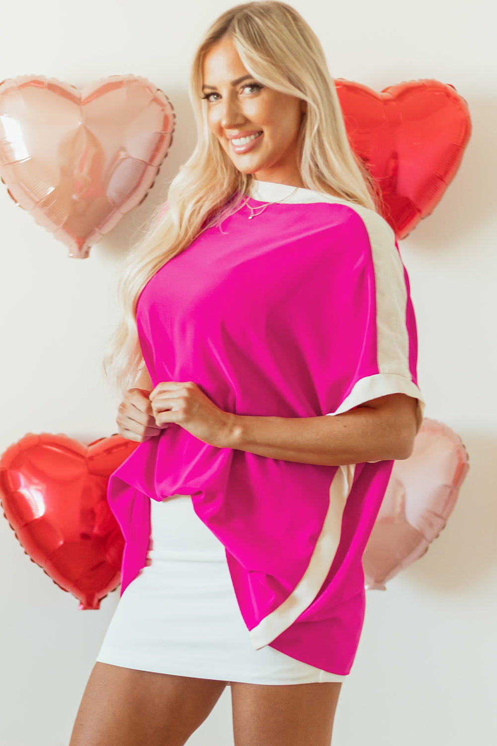 Chemisier tunique surdimensionné à col bateau et blocs de couleurs rouge rose