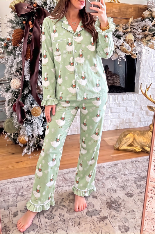 Green Snowflake Goose Print Ruffle Trim Long Sleeve Shirt Style Pajama Pants Set