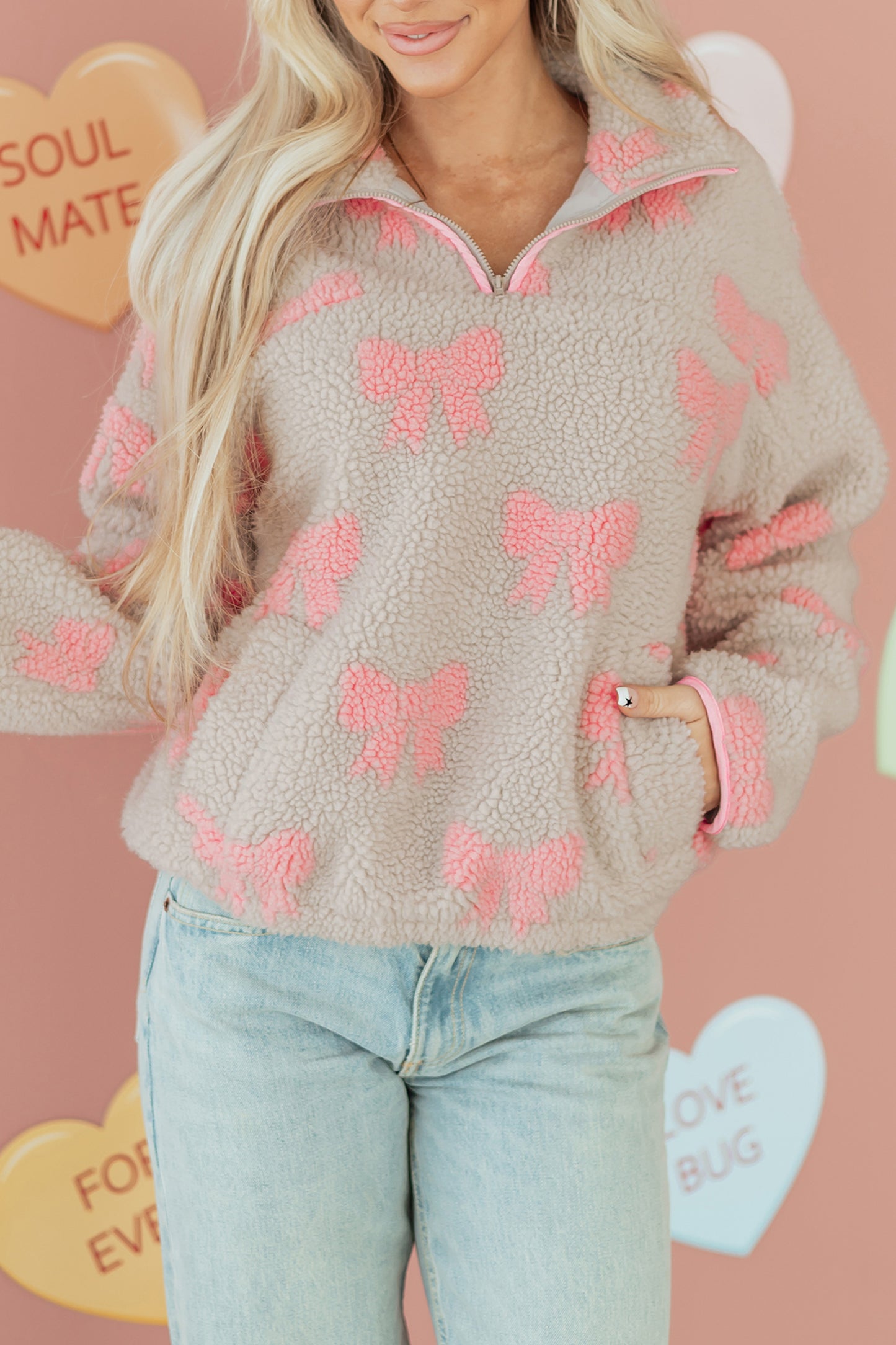 Gray Bow Sherpa Quarter Zip Drop Shoulder Baggy Sweatshirt