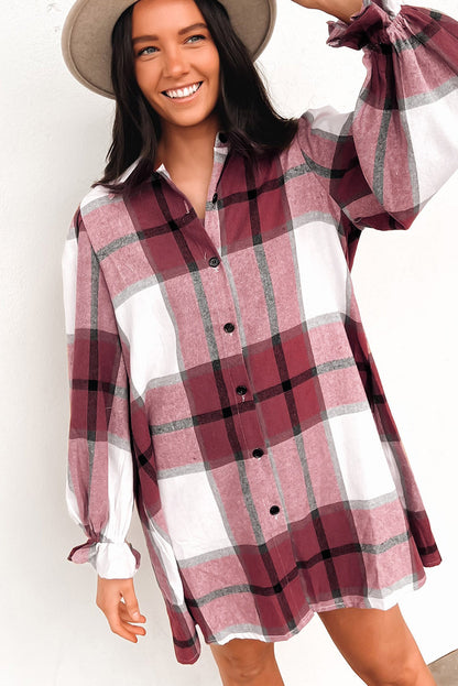 Brown Plaid Pattern Collared Neck Ruffled Sleeve Shirt Dress
