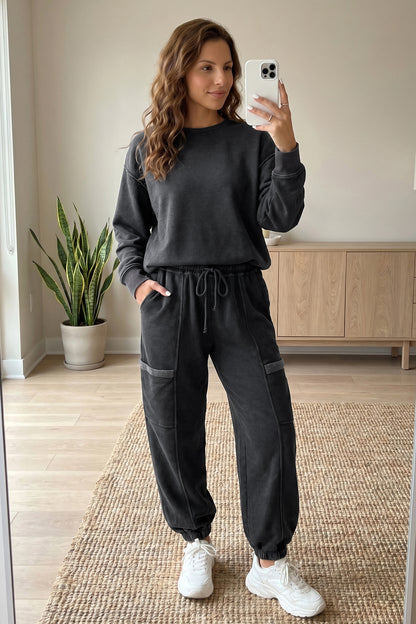 Carbon Grey Solid Colorblock Jogger Pants Set