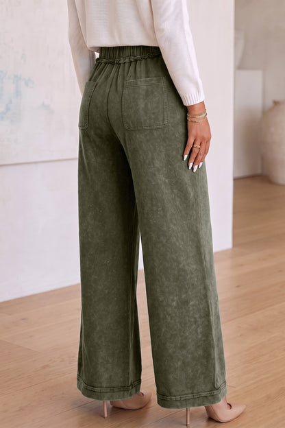 Jungle Green Mineral Wash Seam Detail Flare Leg Drawstring Pants