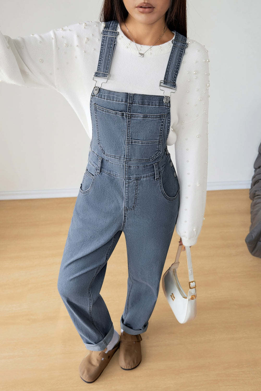 Light Blue Retro Bib Pocket Buckle Straps Casual Denim Jumpsuit