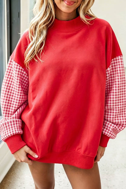 Fiery Red Plaid Sleeve Colorblock Loose Tunic Sweatshirt