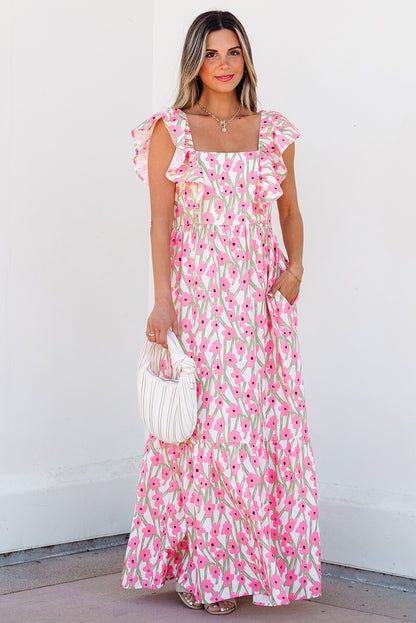 Robe longue rose à imprimé floral, col carré et bretelles à volants
