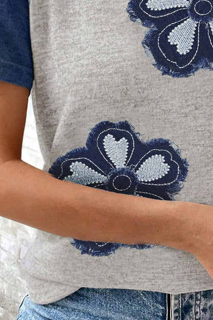 Dark Blue Floral Patchwork Colorblock Raglan Sleeve T Shirt