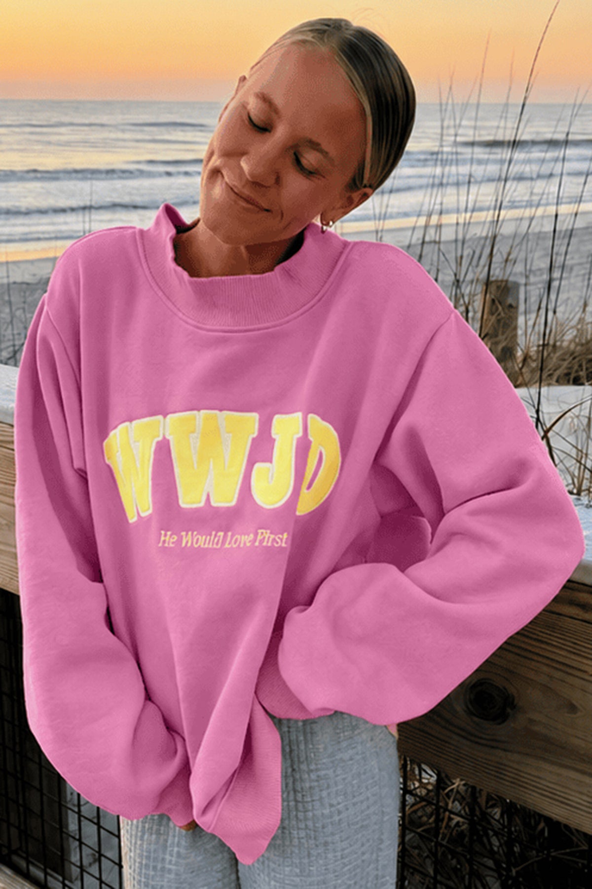 Pink WWJD Embroidered Trim Slogan Graphic Crewneck Pullover Sweatshirt