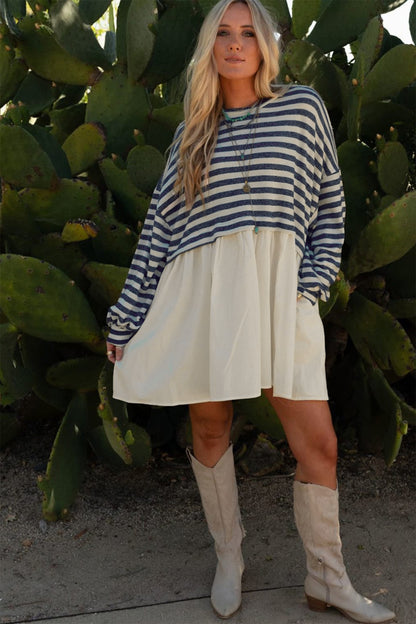Blue Stripe Long Sleeve Pocketed Patchwork Hem Mini Dress