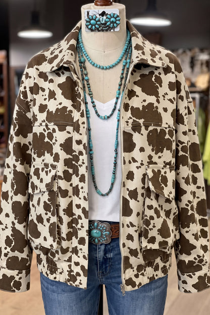 Brown Western Cow Print Cargo Pocket Denim Jacket