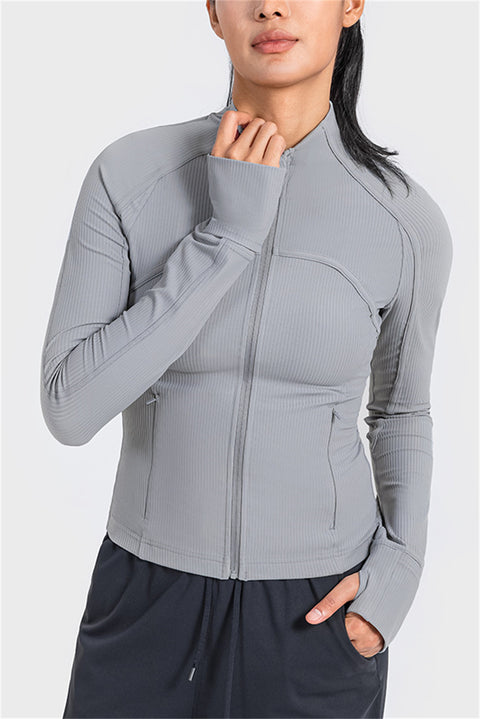 Gray Ribbed Stitching Thumbhole Sleeve Zip Up Active Top