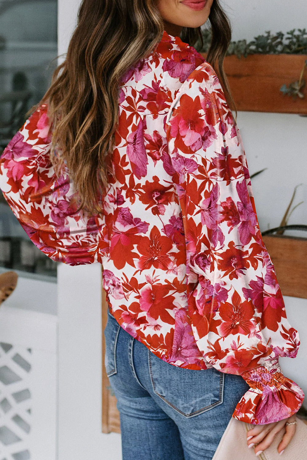 Rose Cakewalk Floral Smocked Billowy Sleeves Blouse