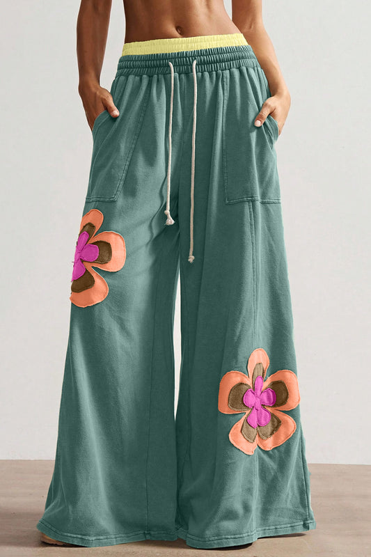 Sea Green Color Block Flower Patchwork Drawstring Contrasted Elastic Waist Wide Leg Pants