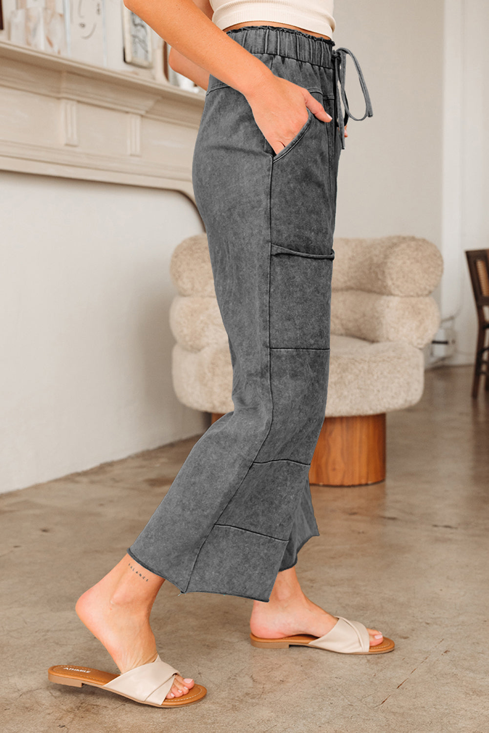 Medium Grey Mineral Wash Lace-up High Waist Raw Hem Patched Pocket Pants