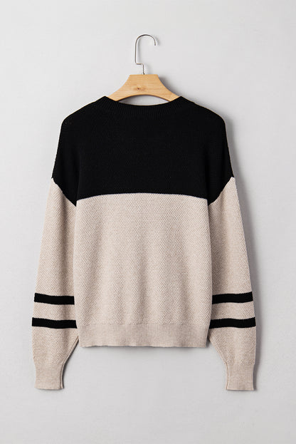Parchment Color Block Knit Striped Sleeve Detail Casual Sweater