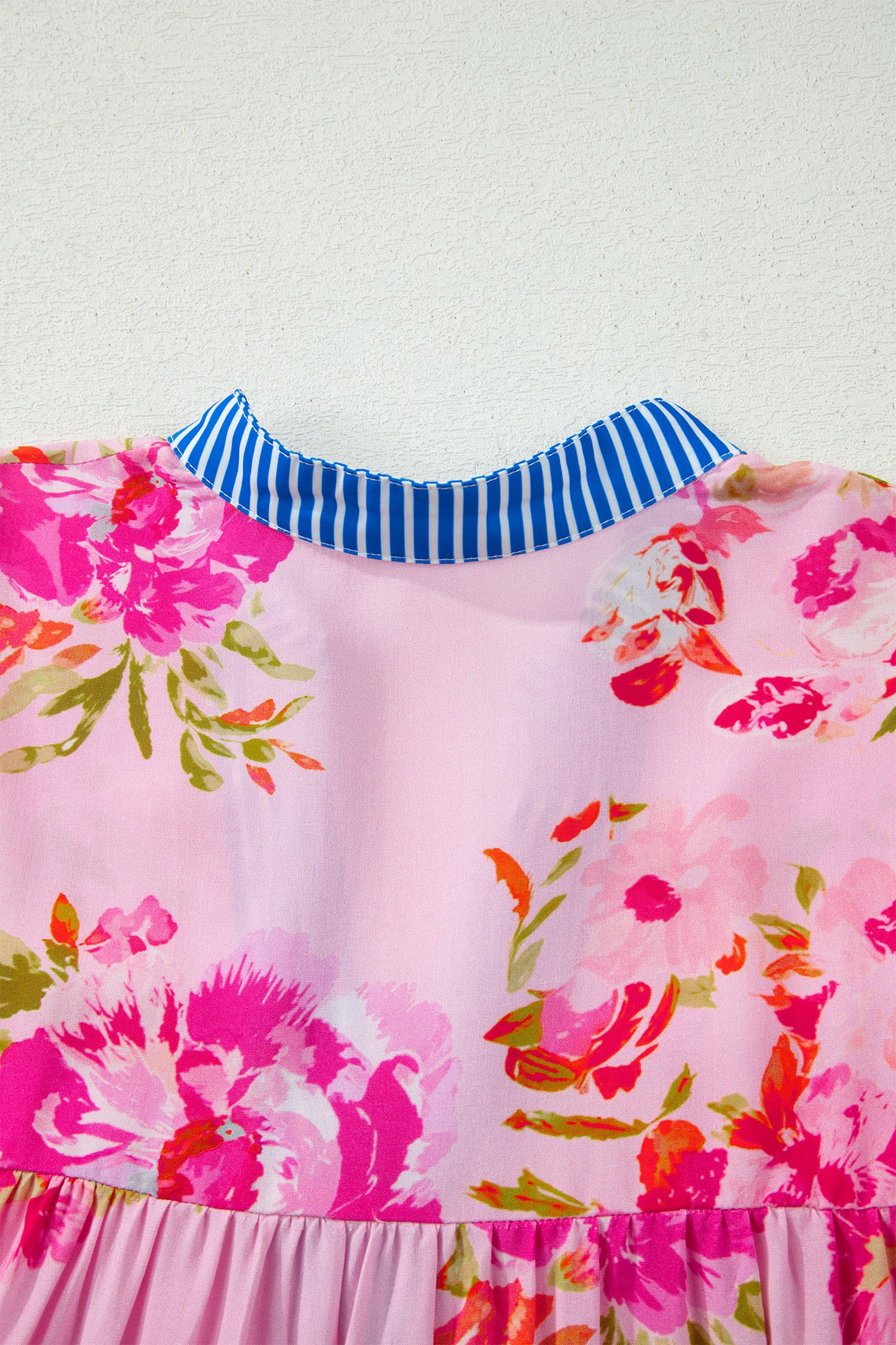 Multicolour Floral Half Sleeve Striped Trim V Neck Blouse