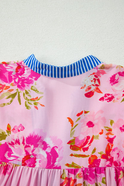 Multicolour Floral Half Sleeve Striped Trim V Neck Blouse