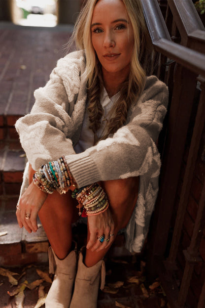 Cardigan texturé en sherpa kaki à motif étoiles avec poches