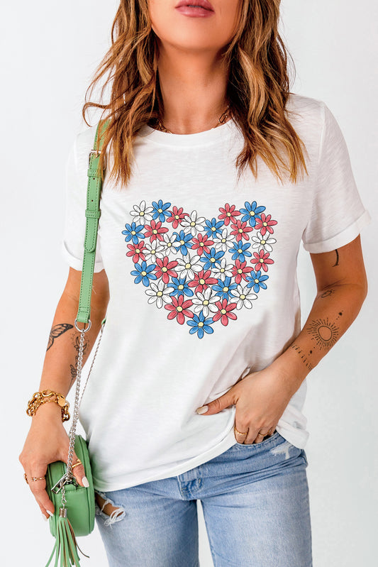 White Daisy Heart Shape Print Round Neck Casual T Shirt
