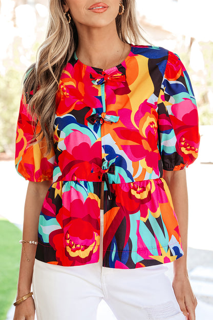 Red Abstract Floral Print Front Tied Puff Sleeve Babydoll Blouse