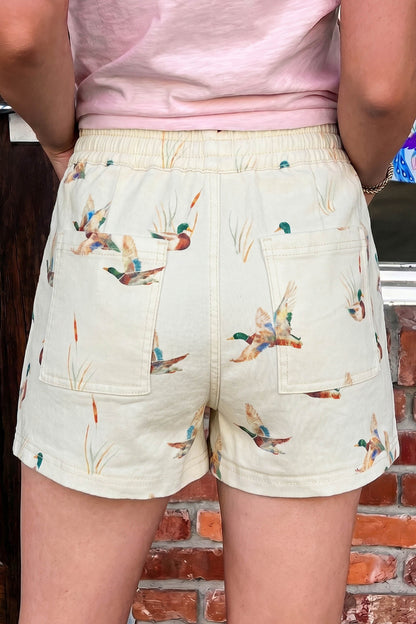 Beige Wild Duck Mallard Printed Drawstring Denim Shorts
