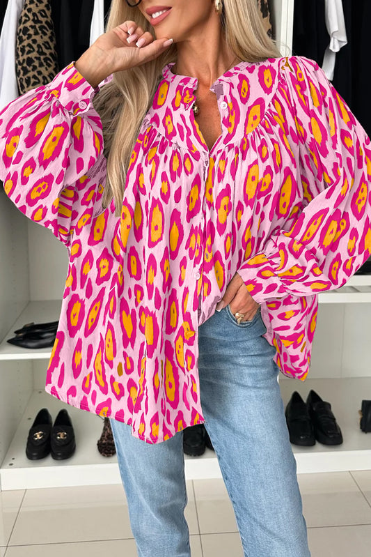 Chemise décontractée surdimensionnée à manches ballon et imprimé léopard rouge rose