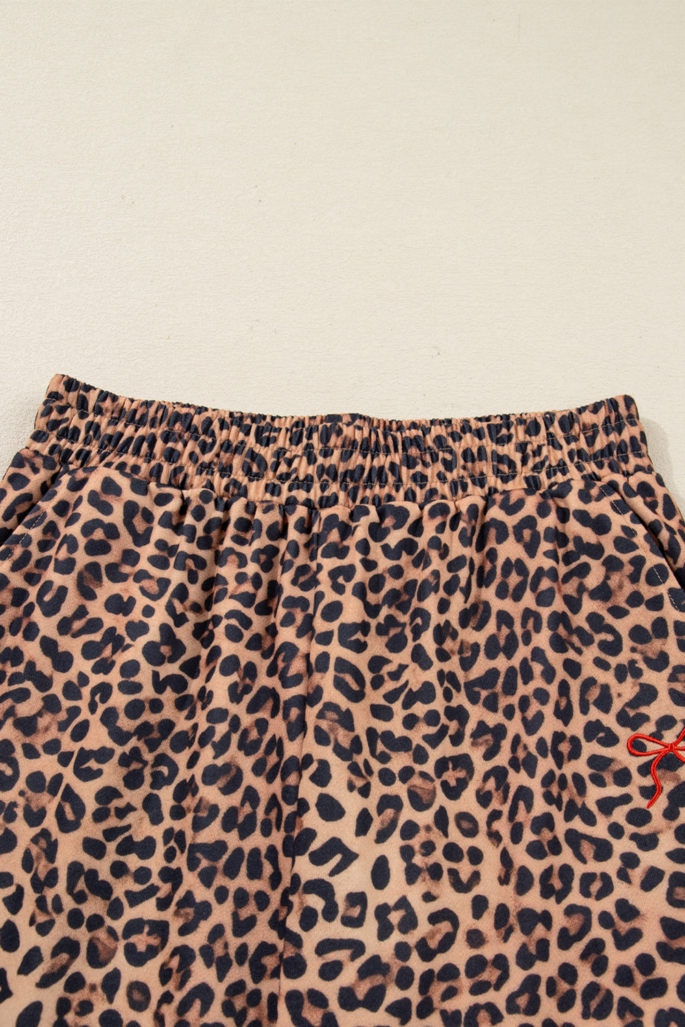 Khaki Leopard Pullover and Pants 2pcs Outfit with Bow Embroidery