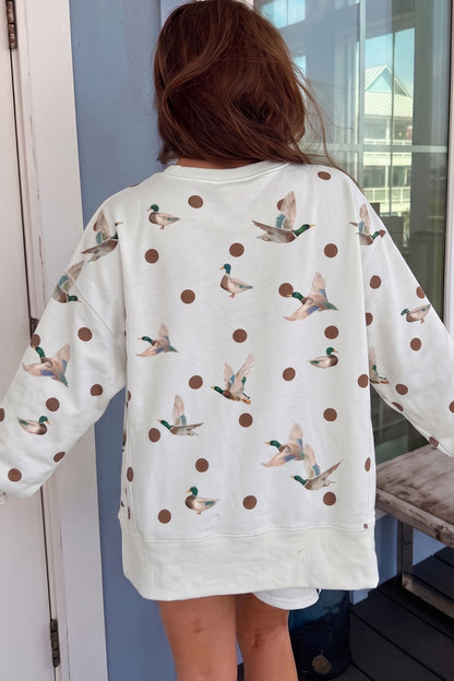 White Polka Dot Malard Print Oversized Pullover and Shorts 2pcs Set