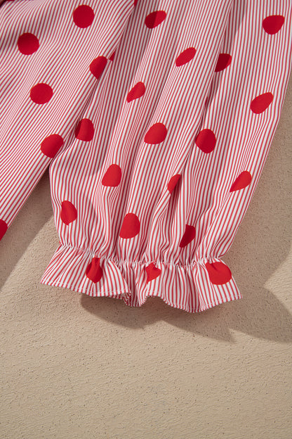 Fiery Red Polka Dot Striped Print Ruffle Stand Neck 3/4 Sleeve Shift Shirt