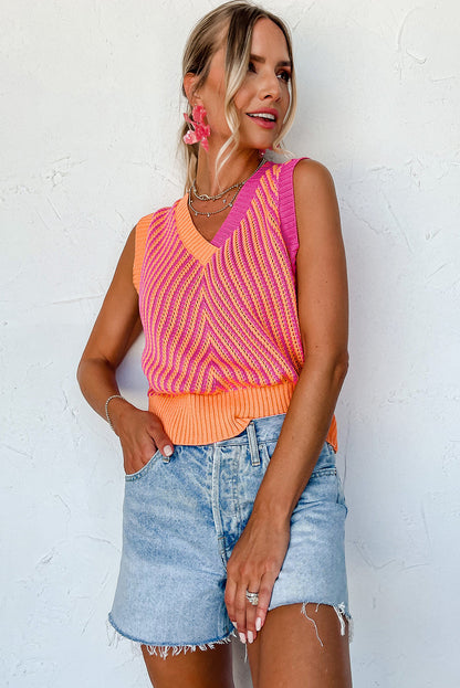 Gilet col V en tricot à chevrons contrastés rose fraise