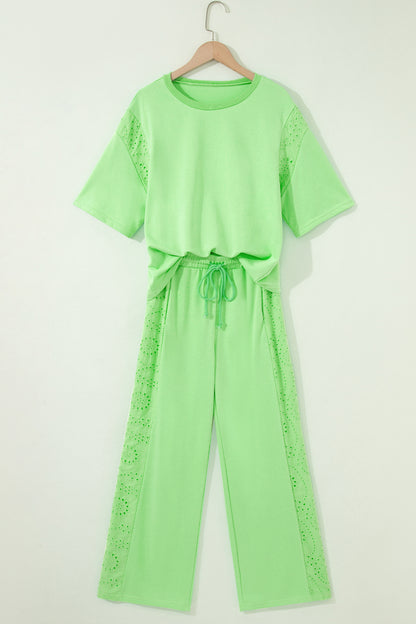 Light Green Lace Patchwork Half Sleeve Top Elastic Waist Pants Two Piece Set