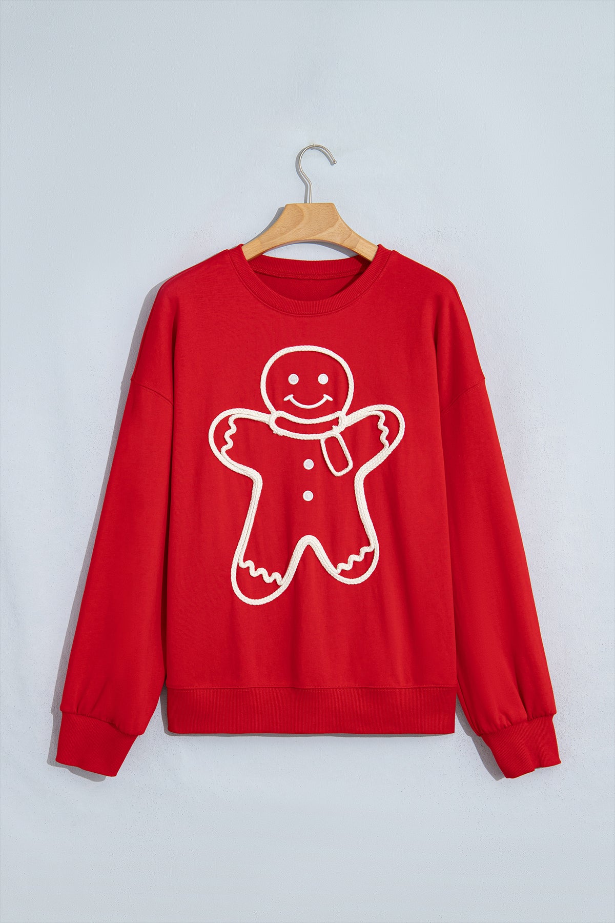 Fiery Red Christmas Embroidered Long Sleeve Casual Round Neck Loose Fit Sweatshirt