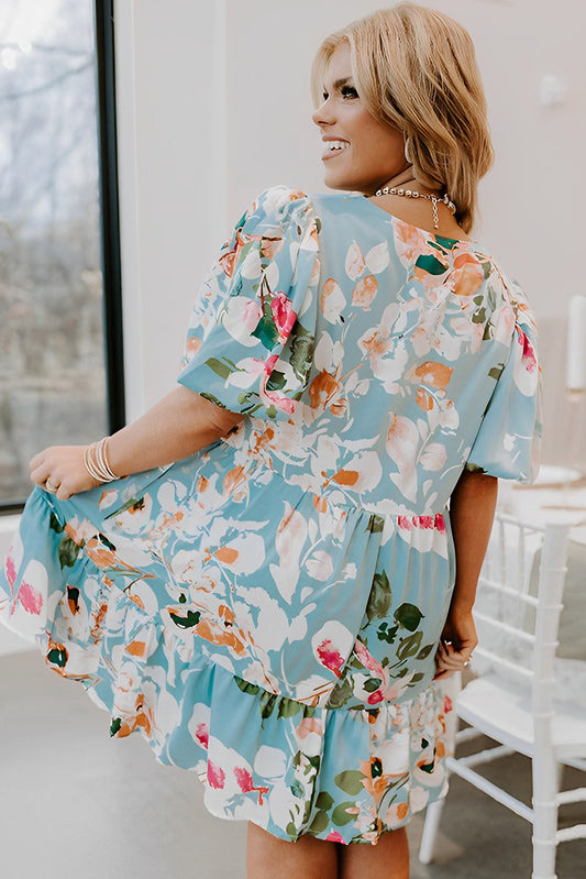 Floral Print Ruffled Puff Sleeve Plus Size Mini Dress