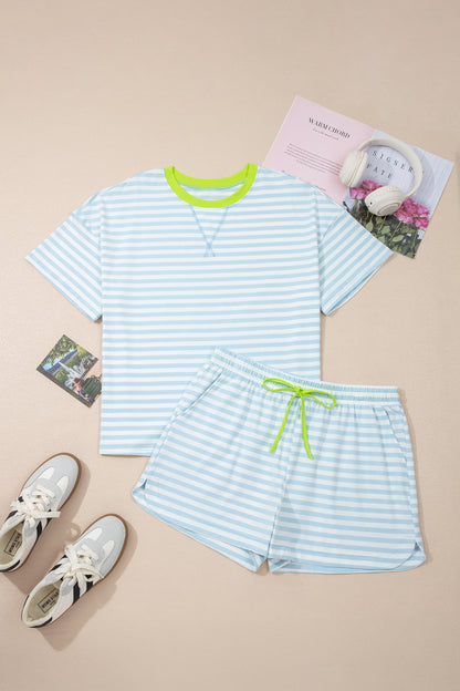 Pink Stripe Contrast Neck Loose Tee and Drawstring Shorts Set