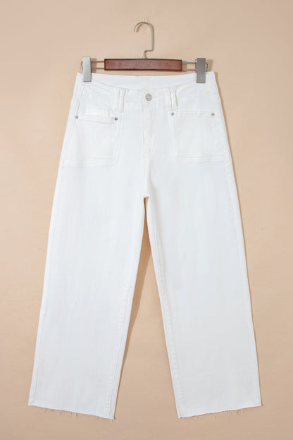 White Raw Hem Ankle-length Loose Jeans