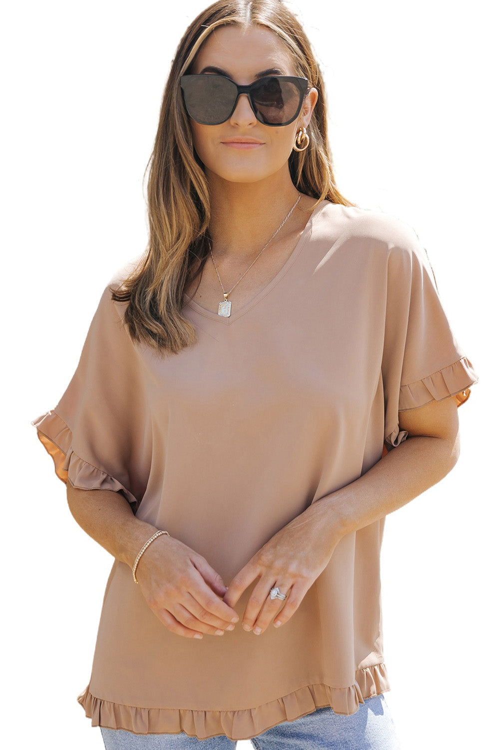 Chemisier oversize kaki à manches courtes et bordure à volants