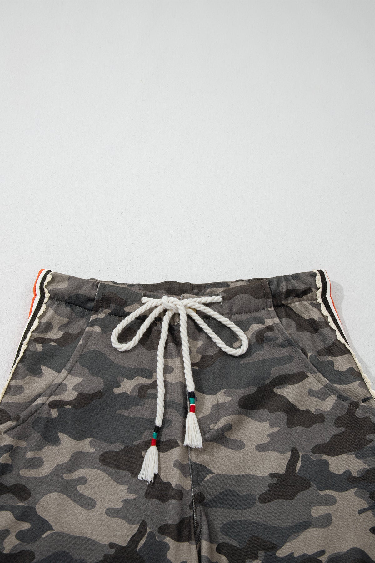 Green Camouflage Print Striped Side Panel Patchwork Drawstring Pants