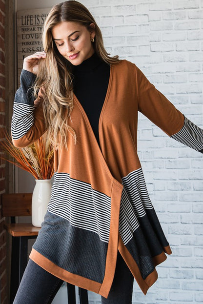 Cardigan ouvert patchwork rayé colorblock orange