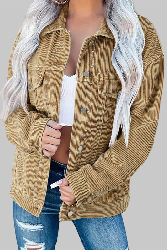 Apricot Studded Buttoned Chest Pockets Corduroy Jacket