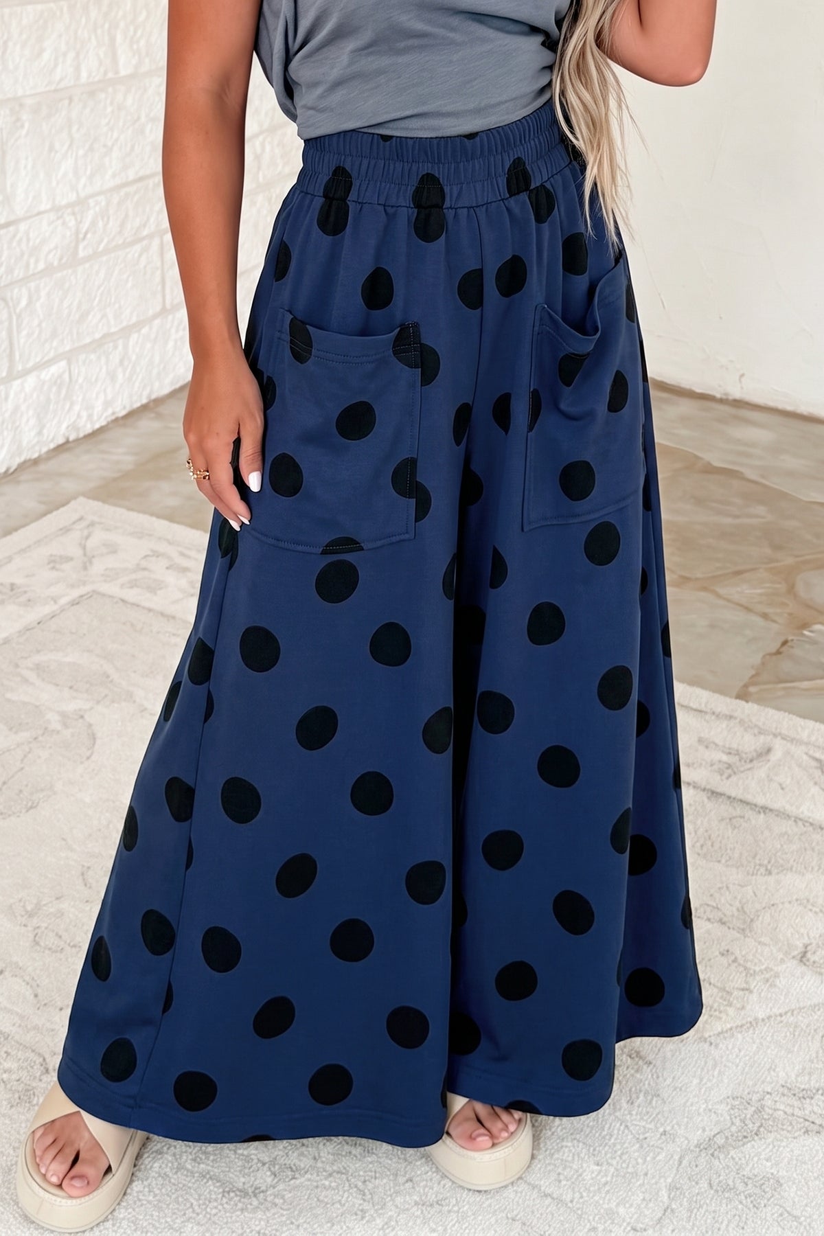Sail Blue Polka Dot Wide Leg Elastic Waist Casual Pants
