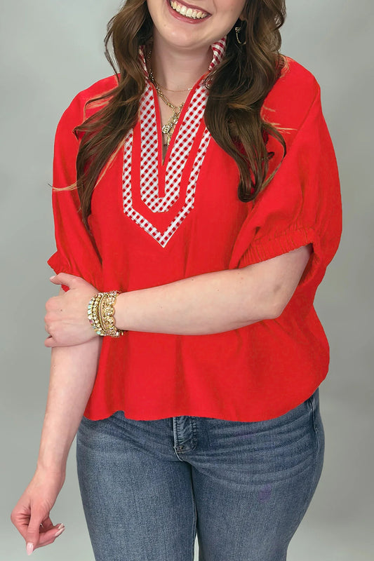 Red V Neck Plaid Collar Short Sleeve Tunic Blouse