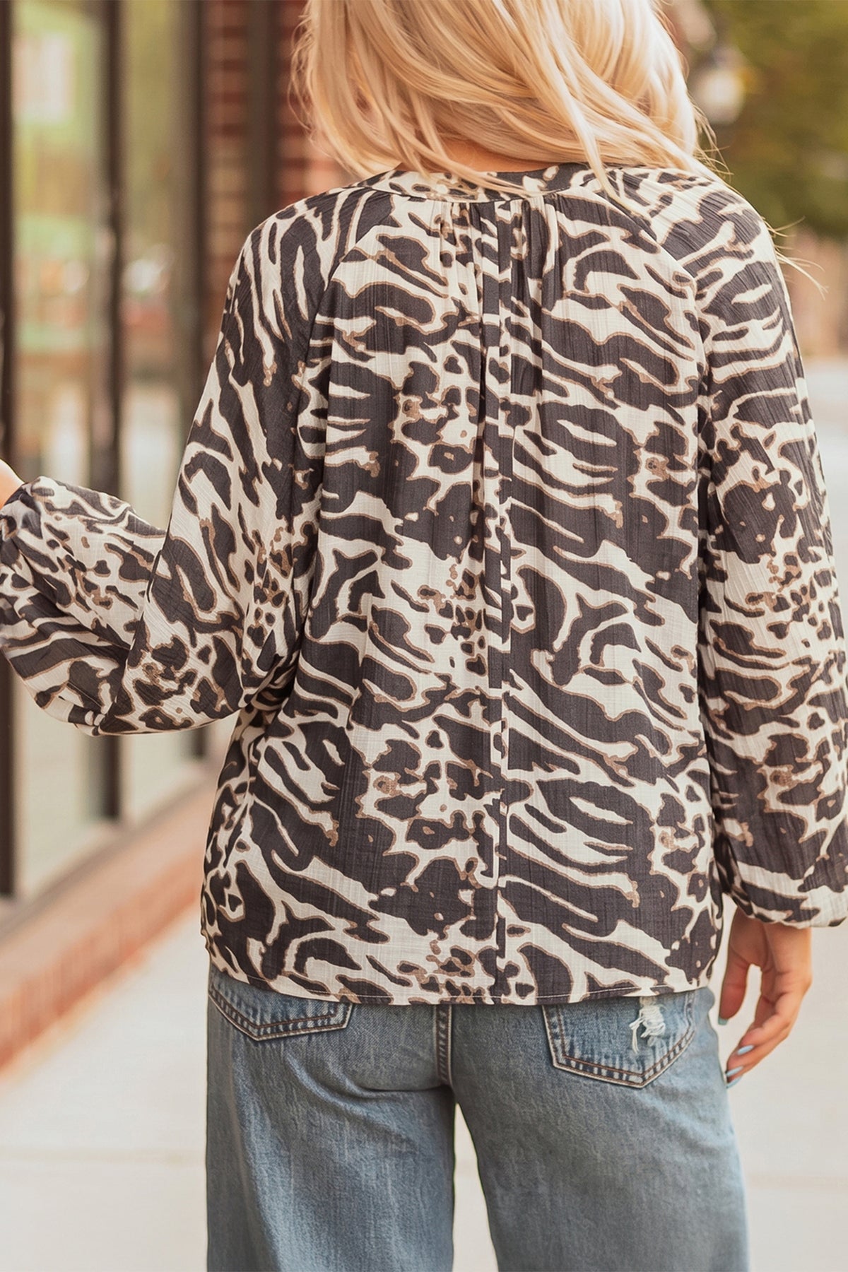Parchment Leopard Print V Neck Button Down Balloon Sleeve Shirt
